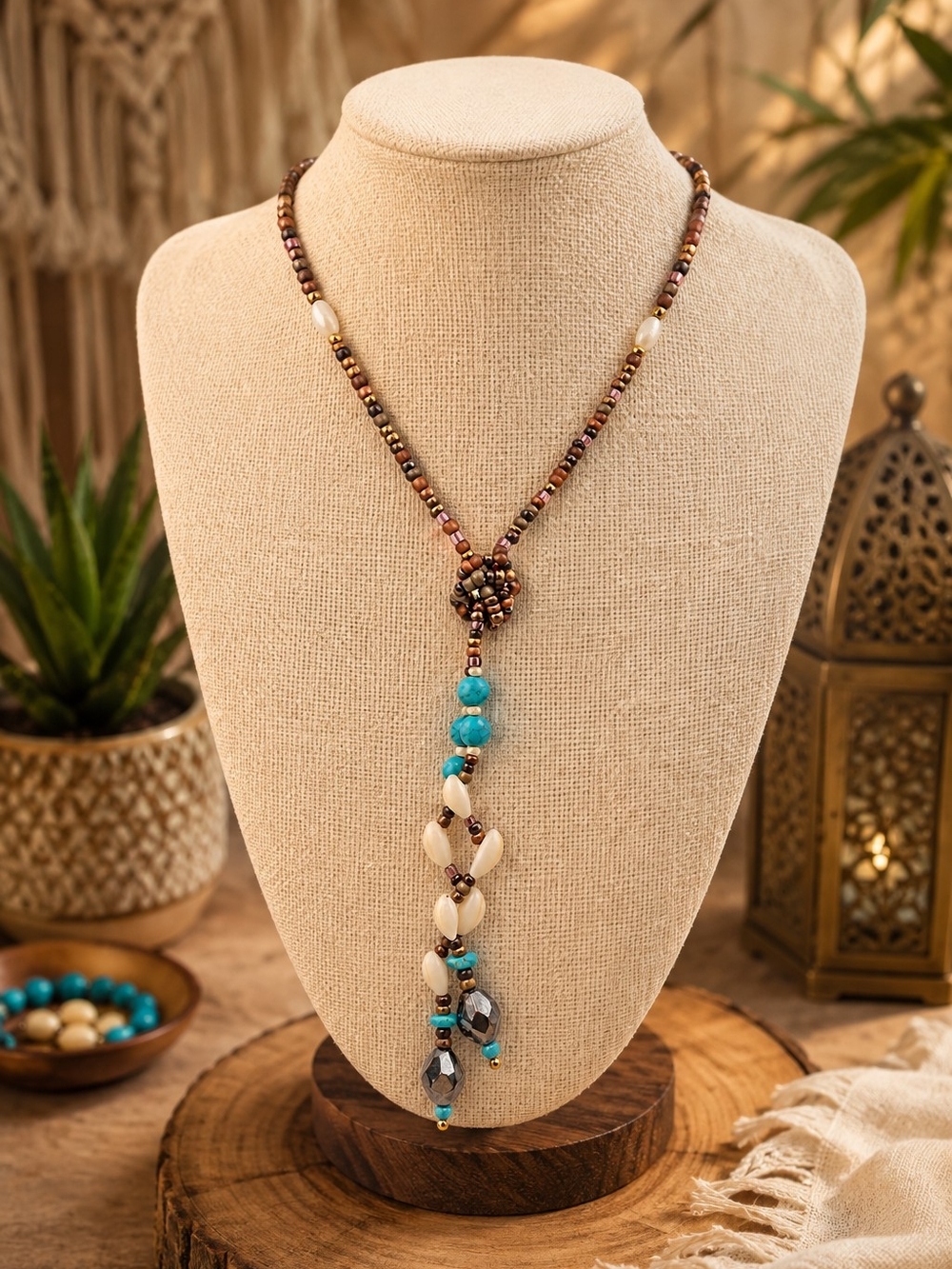 Boho Turquoise & Seashell Beaded Lariat Wrap Necklace Long Cowrie Shell Bohemian
